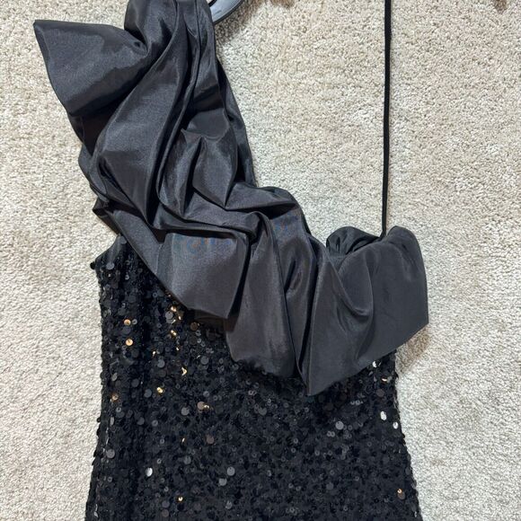 Mignon Maxi Gown Dress Women's 6 Black One Puff Shoulder Sequined Sheath Stretch - Picture 10 of 14